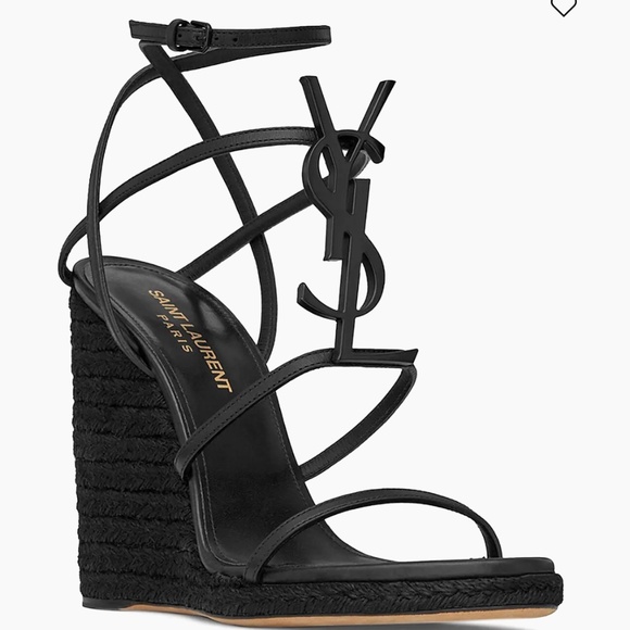 Cassandra Wedge Espadrilles In Leather With Black Monogram - Picture 1 of 4